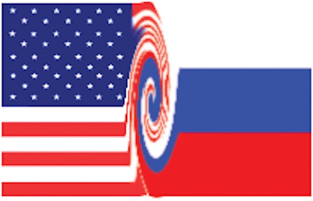 American and Russian flags spinning into each other.